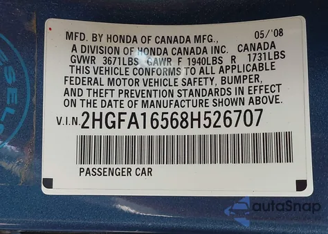 2008 Honda Civic Lx from USA, damaged, VIN 2HGFA16568H526707
